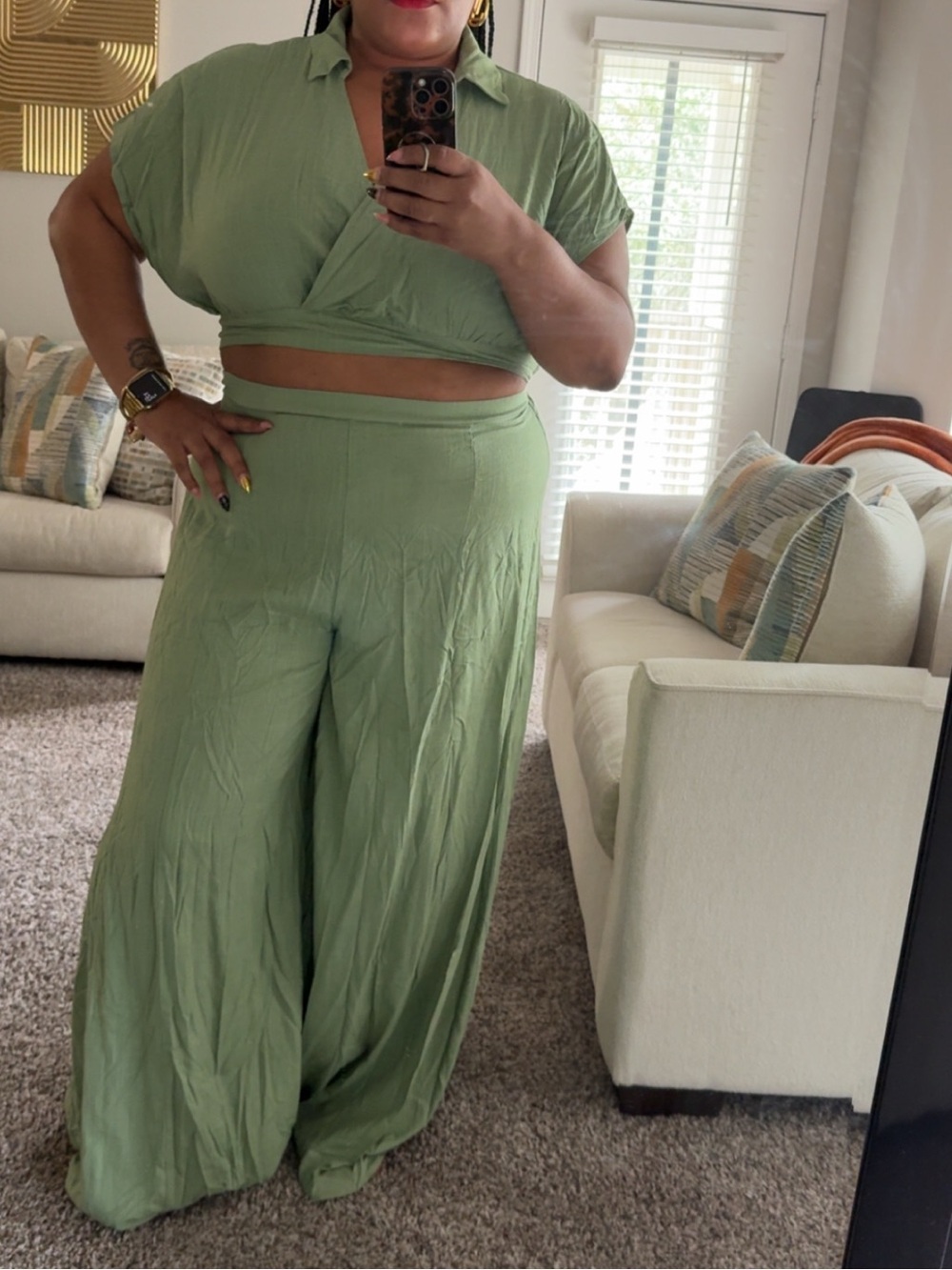 Fashion Nova Sage Green Wide-Leg Crop Top & Pants Set